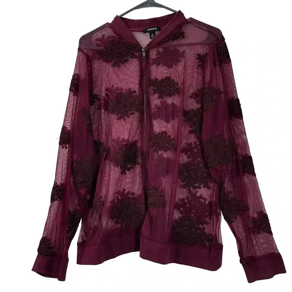 Torrid Womens Sheer Mesh Burgundy Lace Floral Embroidered Zip-Up Long Sleeve Jac - Picture 12 of 16